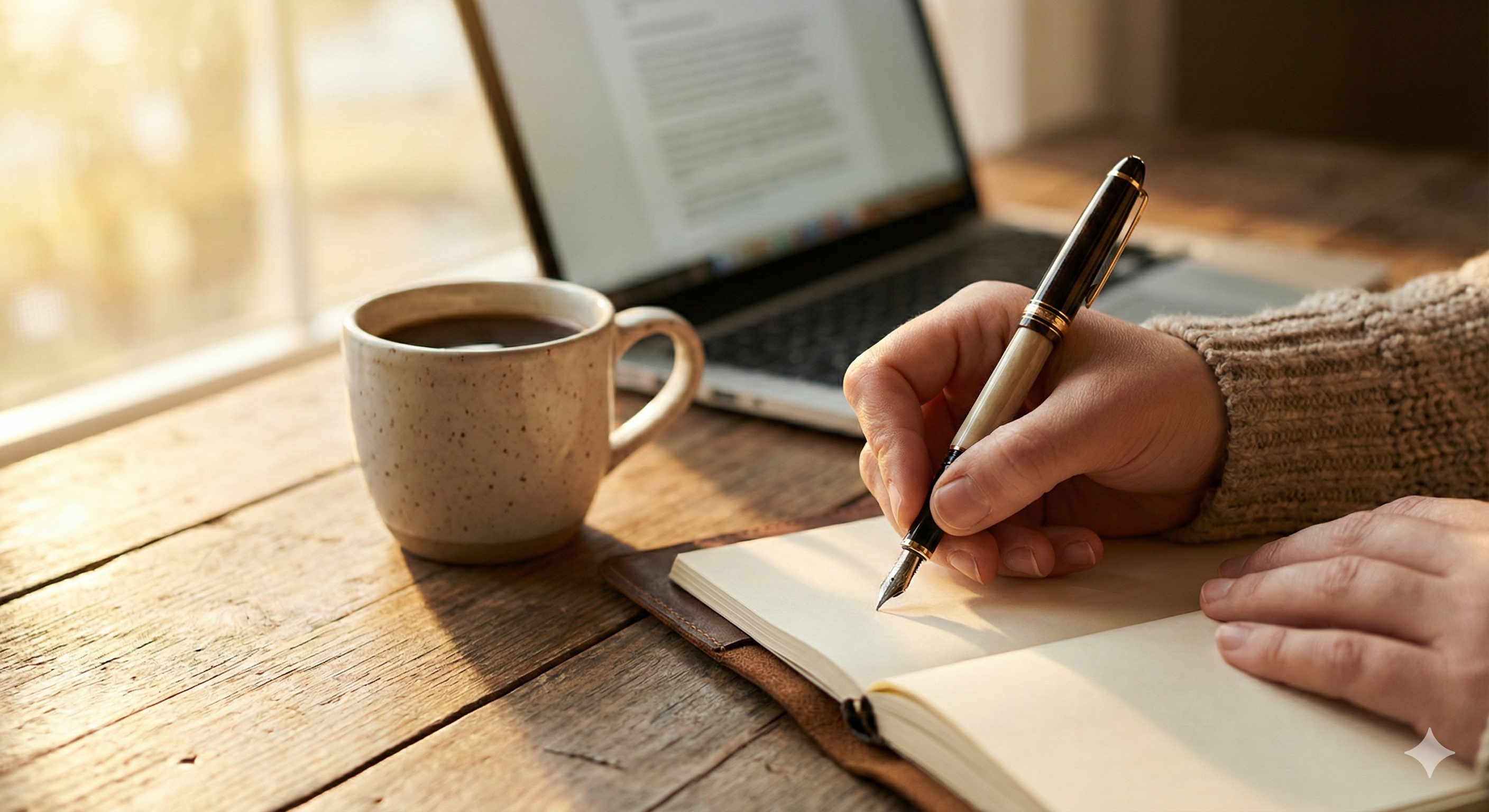 Hands writing in a journal with coffee nearby